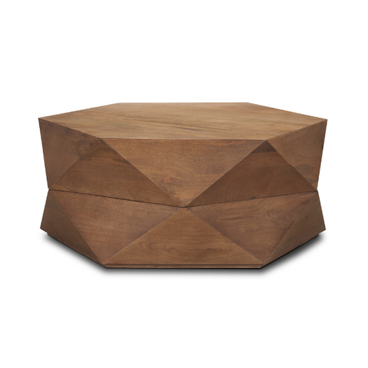 Mercana 36x36 solid wood hexagonal coffee table with a rich finish and unique geometric design.