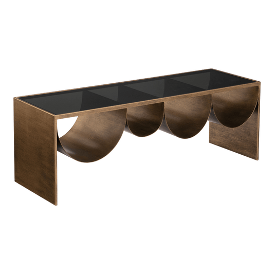 Brass and black Zuo coffee table with a sleek design and modern aesthetic, showcasing its elegant surface and sturdy base.