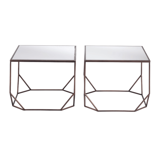 Zuo Arzon bronze industrial nesting coffee tables set, featuring two round metal tables with sleek, modern design and open frame bases.