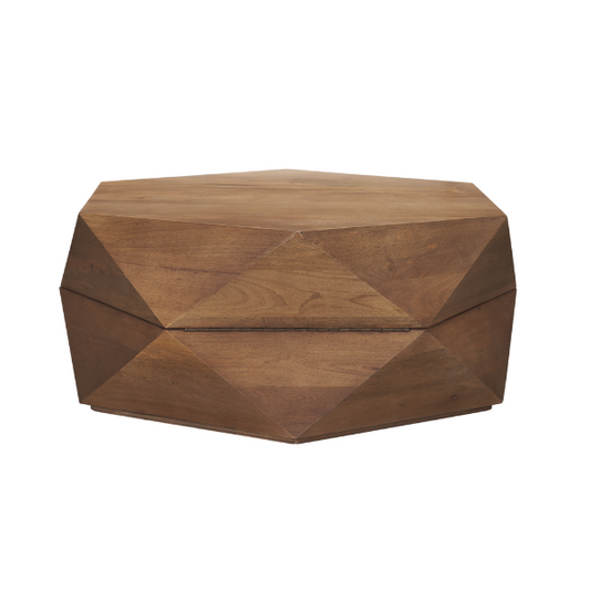 Solid wood hexagonal coffee table by Mercana, featuring a 36x36 design with ample storage space.