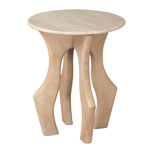 Zuo Eda side table with a white top and natural wood legs, modern accent table for living room or bedroom decor.