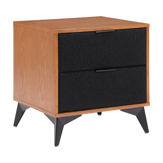 Zuo Zarif nightstand in black and walnut with walnut grain surface and structural steel contrast, modern bedroom furniture.