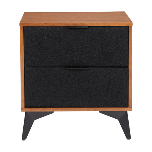 Zuo Zarif nightstand with black finish, walnut grain surface, and structural steel contrast legs for modern bedroom decor.