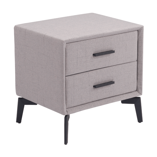 Gray Zuo Halle side table with fabric-wrapped surface and steel frame, modern nightstand with a sleek, minimalist design.