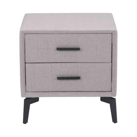 Zuo Halle gray fabric wrap side table with structural steel frame, modern nightstand with sleek design and sturdy construction.
