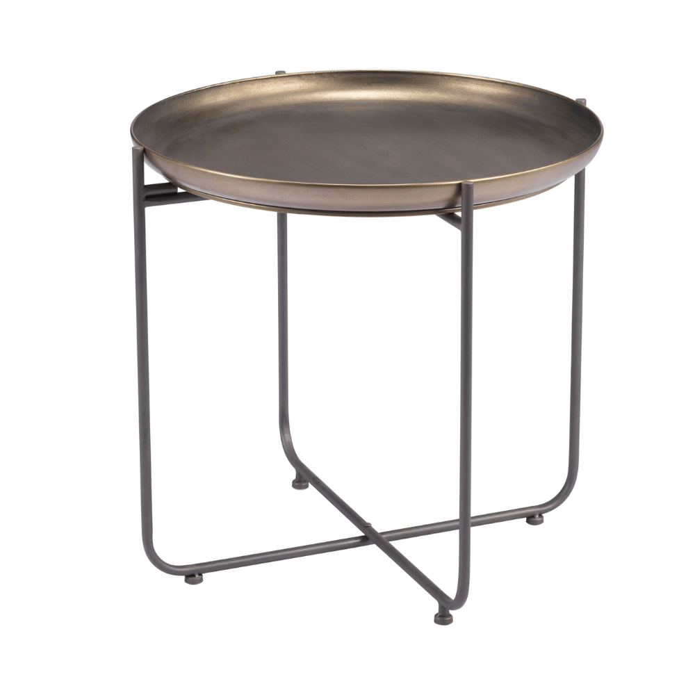 Bronson bronze Zuo accent side table with industrial design, featuring a round top and sturdy support for modern living spaces.