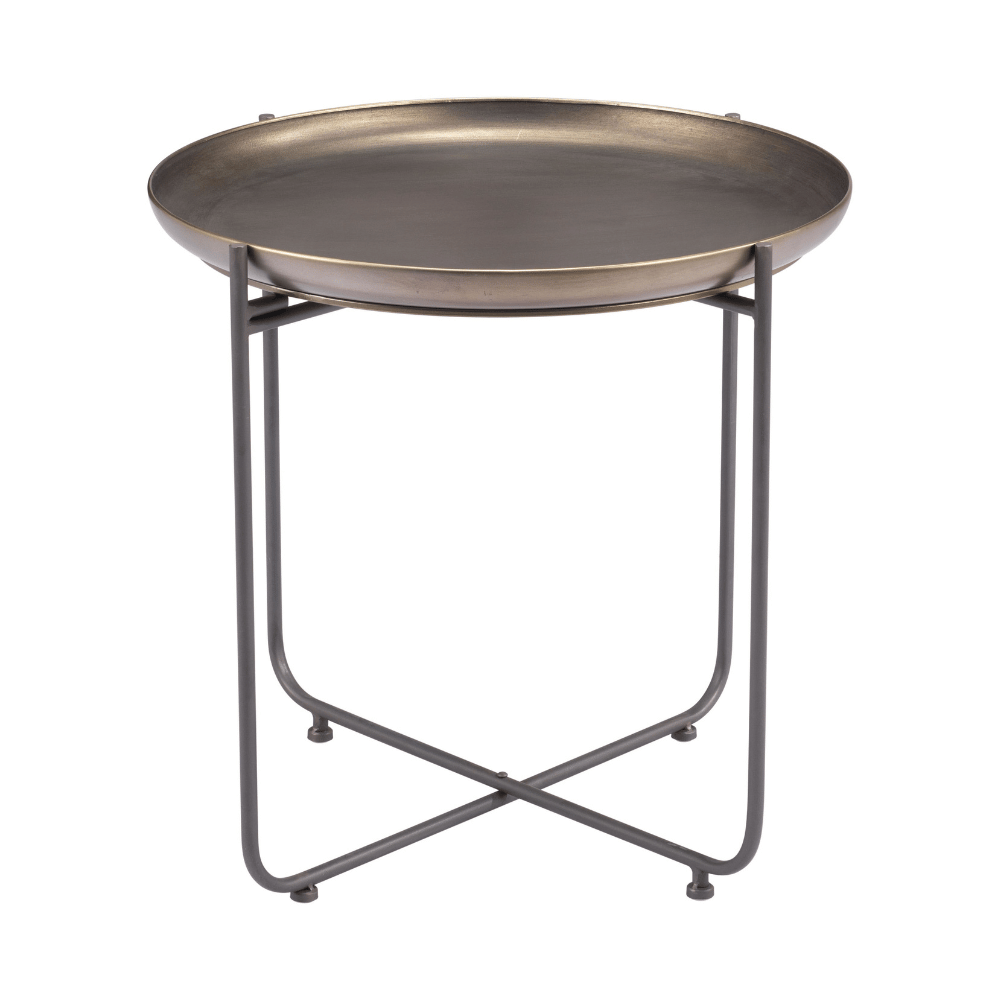 Bronson Zuo bronze accent side table with industrial design, featuring a sleek round top and sturdy support structure.