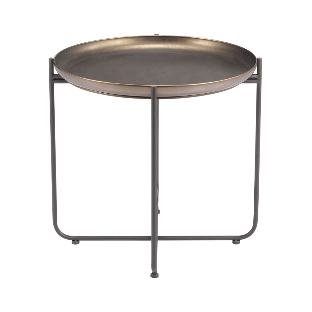 Bronson bronze side table by Zuo featuring industrial design, round top with sturdy metal legs for stylish support.