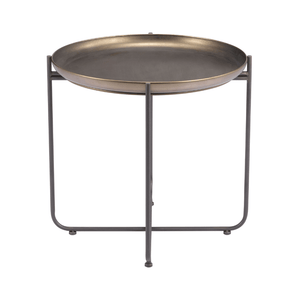 Bronson bronze side table by Zuo featuring industrial design, round top with sturdy metal legs for stylish support.