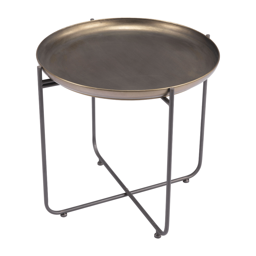 Bronson bronze side table by Zuo featuring an industrial design with a sturdy metal frame and round tabletop.