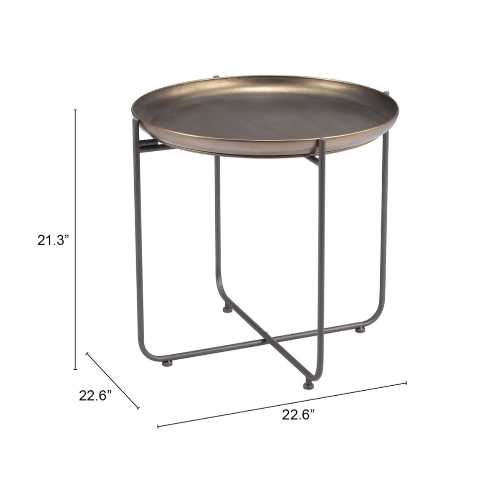Bronson bronze side table by Zuo featuring an industrial design with a sturdy metal frame and a round tabletop.