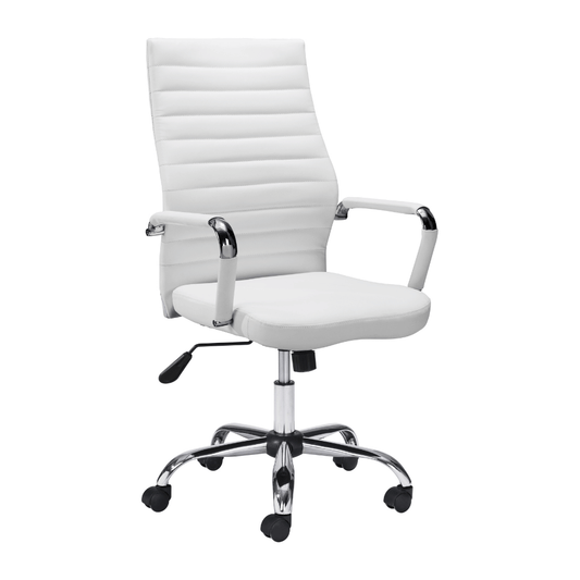 White Zuo Primero office chair with a modern design, featuring a cushioned seat and backrest for comfortable workspace seating.