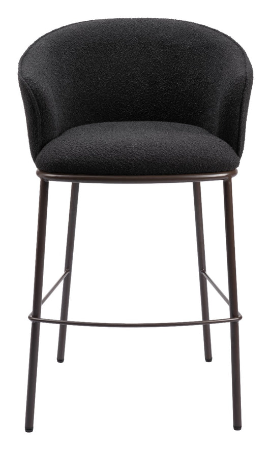 Zuo Essen barstool with plush teddy fabric seat and steel frame, modern design, shown from a three-quarter angle.