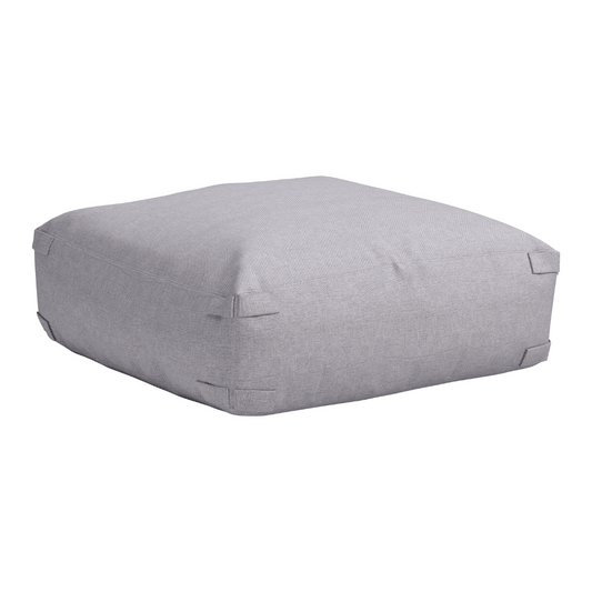 Gray fabric outdoor ottoman by Zuo with minimalist architectural design, featuring a sleek rectangular shape and sturdy construction.