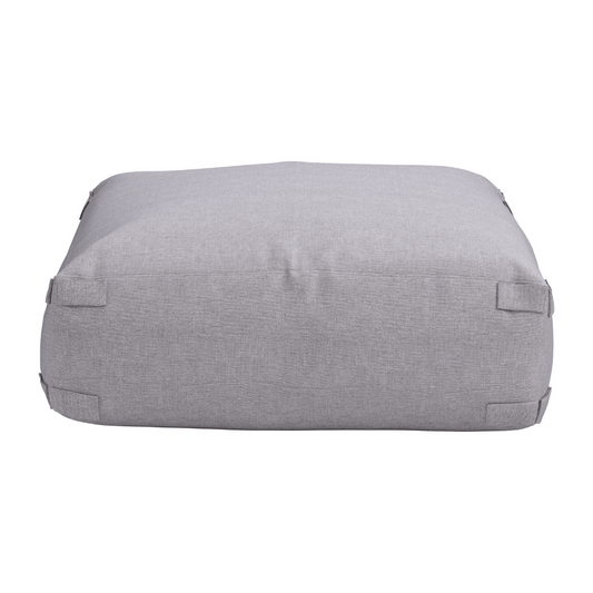 Gray fabric outdoor ottoman with a minimalist architectural design by Zuo, featuring clean lines and a sturdy structure.
