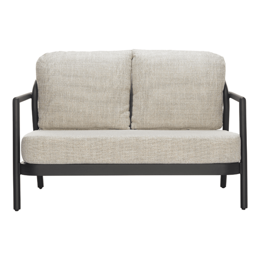 Zuo Rein beige loveseat with modern architectural design, perfect for small space living, featuring clean lines and plush seating.