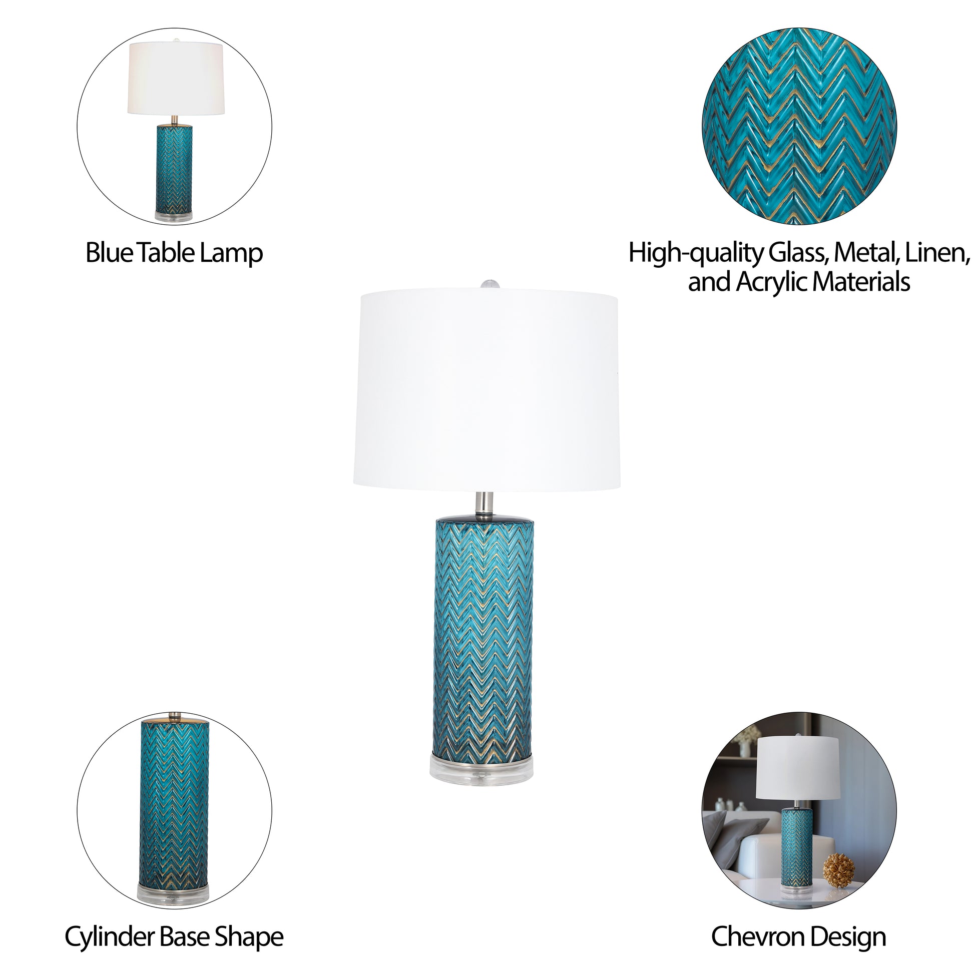 Glass 28"  Chevron Table Lamp, Blue - Elite Maison