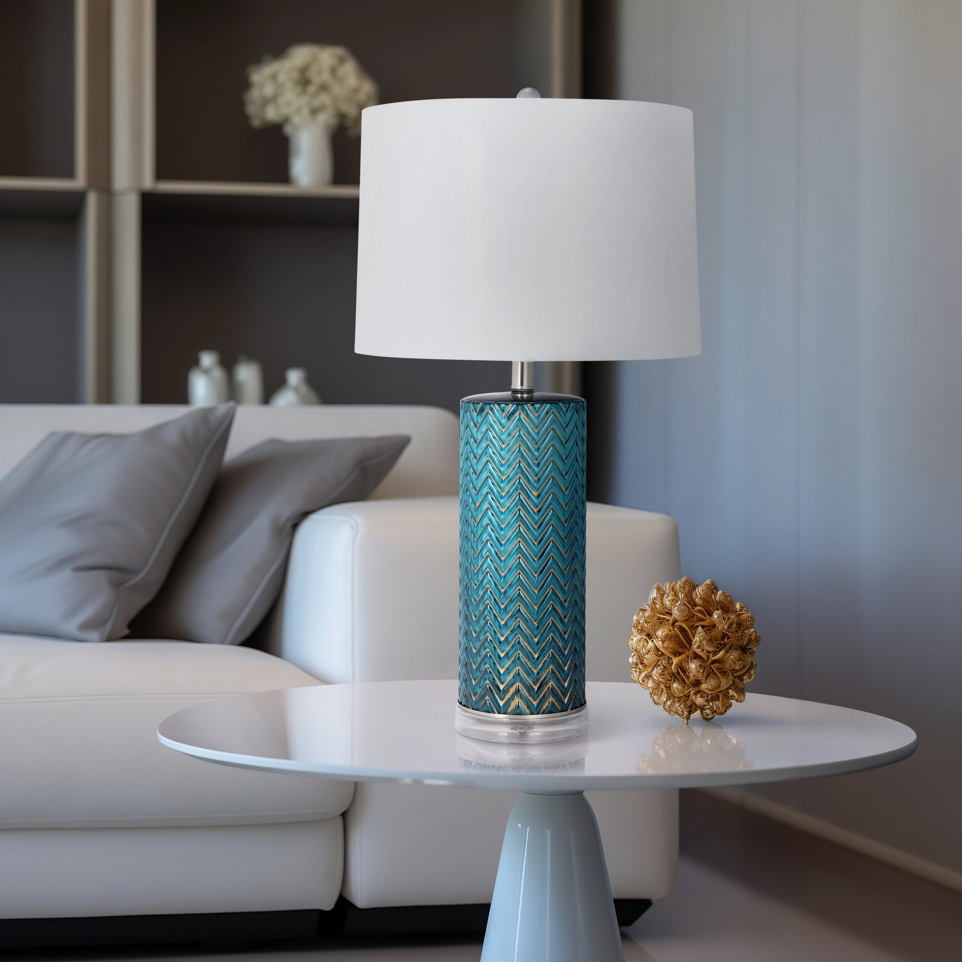 Glass 28"  Chevron Table Lamp, Blue - Elite Maison