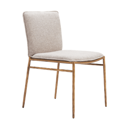 Nordvest beige and gold dining chair by Zuo featuring modern forged steel frame and fabric seat with elegant design.