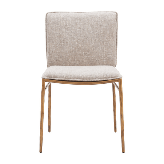 Nordvest beige and gold dining chair by Zuo featuring modern forged steel frame and fabric upholstered seating.