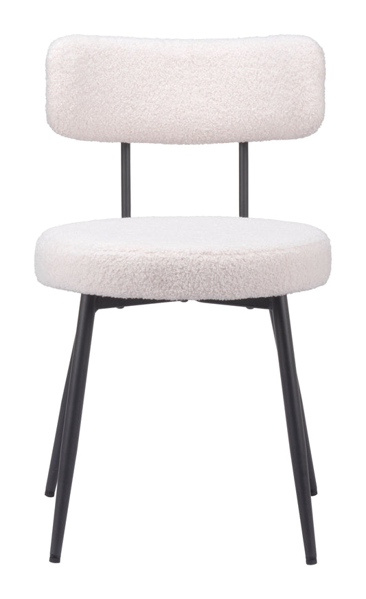 Set of two Zuo Blanca ivory dining chairs with polyester upholstered seats and black steel frames.