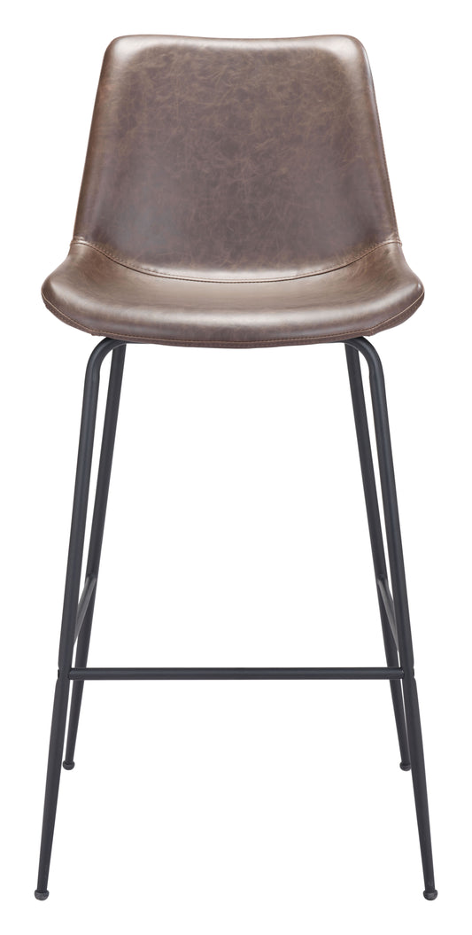 Brown Byron Barstool by Zuo featuring industrial mid-century urban design with a sleek wooden seat and metal legs.