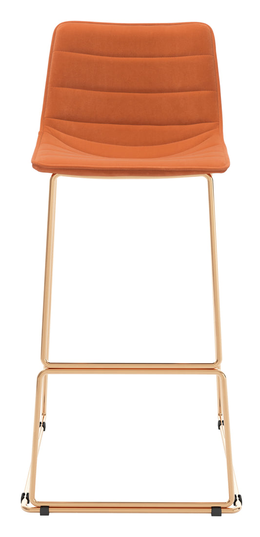 Set of 2 Zuo Adele bar stools in vibrant orange with gold accents, showcasing stylish design and modern comfort.