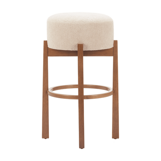 Set of two Zuo Nade beige and walnut bar stools with upholstered seats and wooden legs, perfect for modern kitchen or bar area.