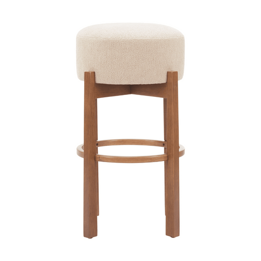 Pair of Zuo Nade beige and walnut bar stools with wooden legs and upholstered seats, set of two for modern kitchen or bar area.