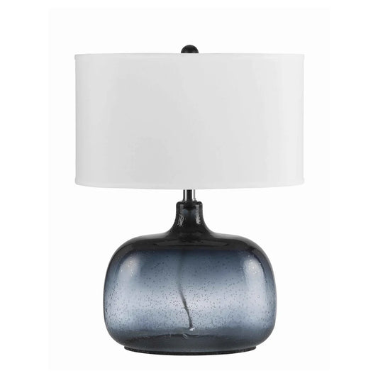 Benzara Deep Sea Sphere Lamp with textured blue glass globe and modern design, perfect for ambient lighting in living spaces.