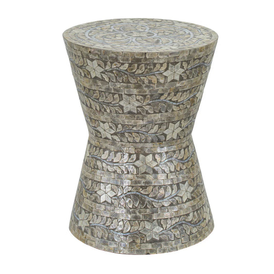Lyra luxury accent table stool with hourglass shape and inlaid Capiz shell, stylish side table by Benzara.