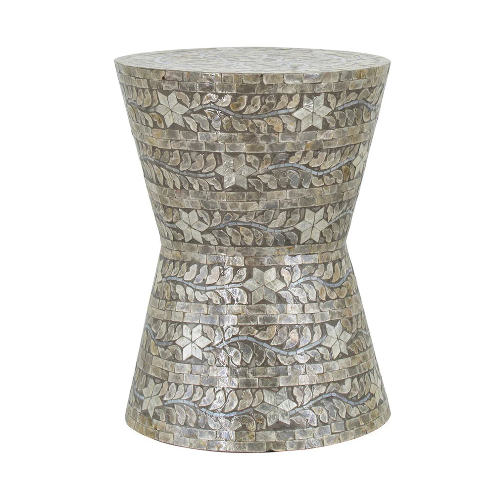 Lyra luxury accent table stool with hourglass shape and inlaid Capiz shell, ideal as an elegant side or accent table.