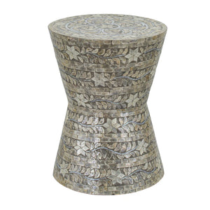 Lyra luxury accent table stool by Benzara with hourglass shape and inlaid Capiz shell design, perfect as a stylish side table.