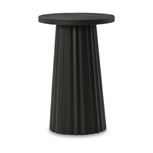 Benzara Ceil accent table with a sleek, modern design, featuring a round top and decorative metal base for living room decor.