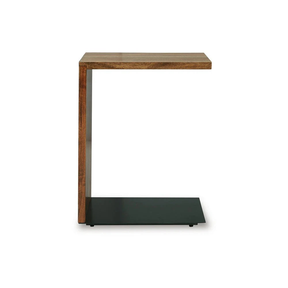 Benzara Jax C-Shaped Accent Table with wooden top and curved metal base, ideal as a stylish side or accent table.