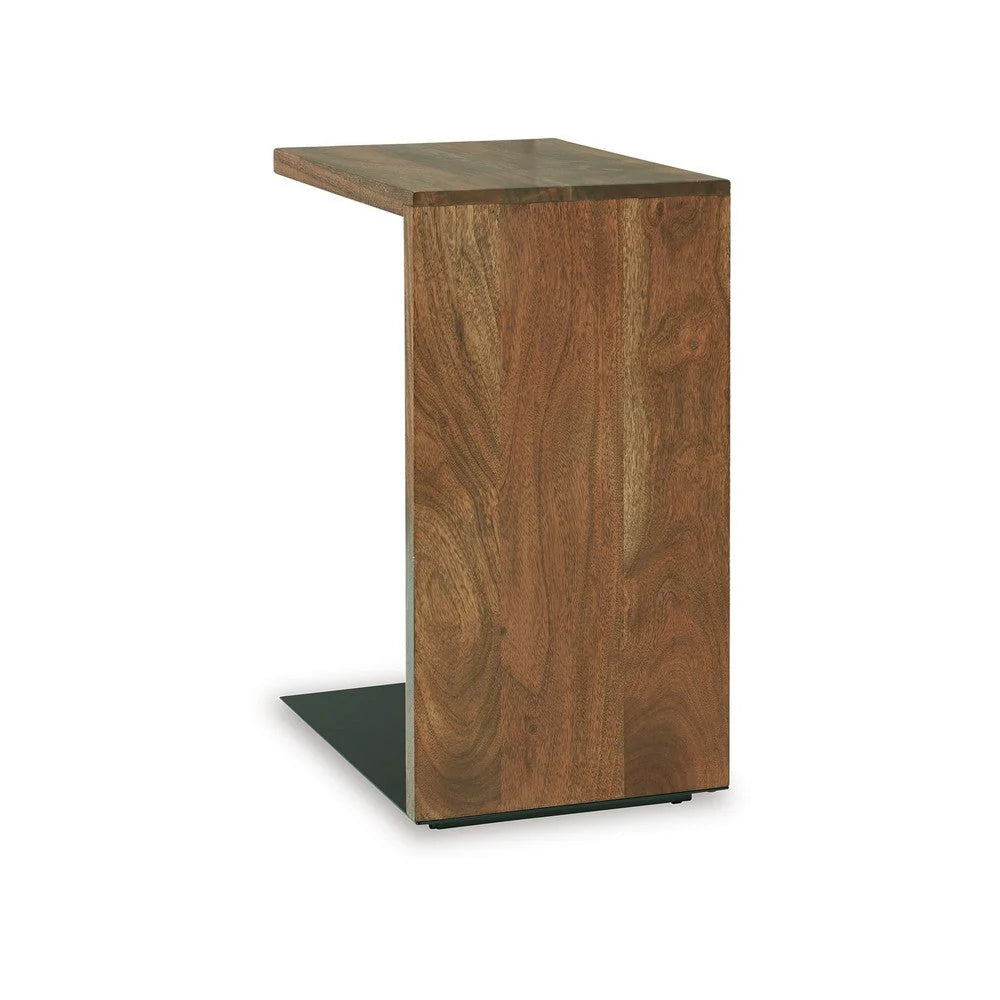 Benzara Jax C-Shaped Accent Table with wooden top and metal frame, modern side table for living room or bedroom decor