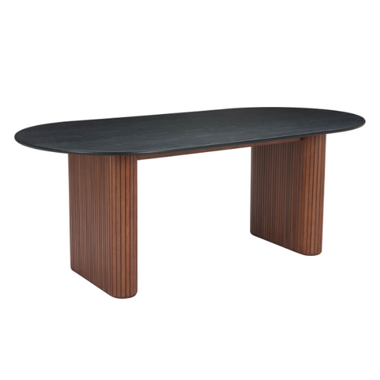 Zuo Lassig dining table with black frame and walnut wood tabletop, modern design for kitchen or dining room.