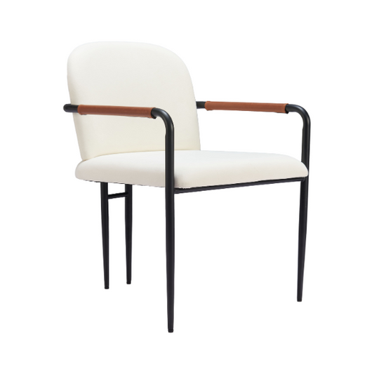 Pair of Zuo Sibu dining chairs in cream with modern design, shown from a side view in a contemporary dining room setting.