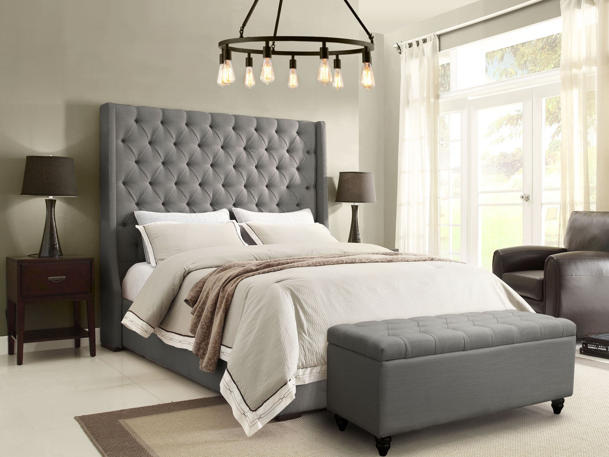 Park Avenue Eastern King Tufted Bed with Vintage Wing in Grey Linen - Elite Maison