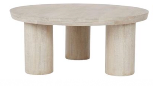 Niort Rune 42" Round Coffee Table | Natural Solid Mango Wood & Rolled Leg Base