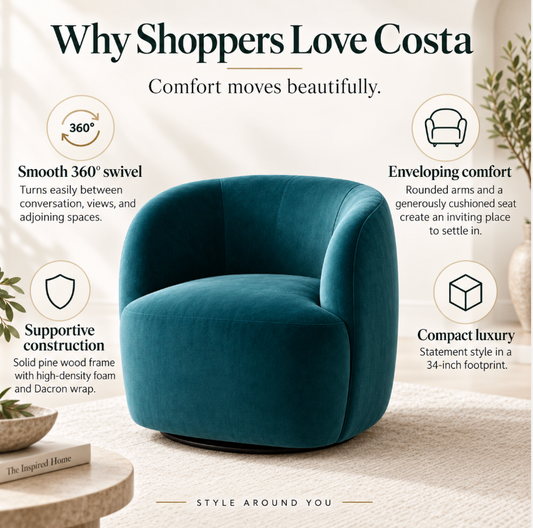Costa 34" Swivel Accent Chair | Pine Wood Frame
