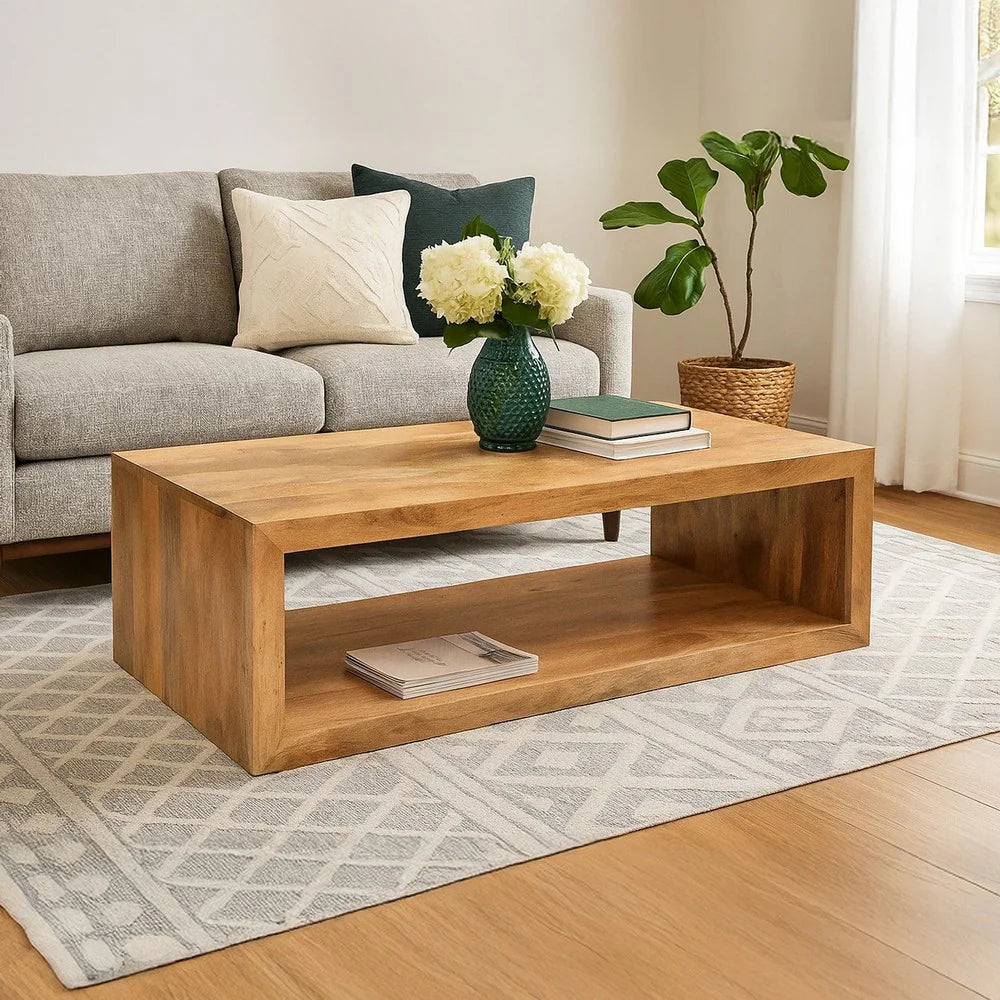 Benzara Keli Coffee Table with wooden top and metal legs, modern design for living room decor