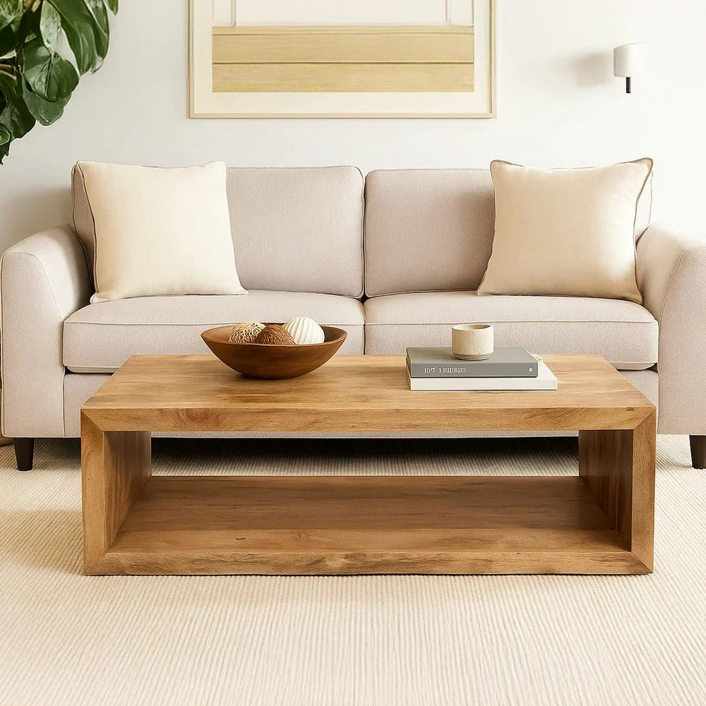 Benzara Keli Coffee Table with wooden top and metal legs, modern design for living room decor.