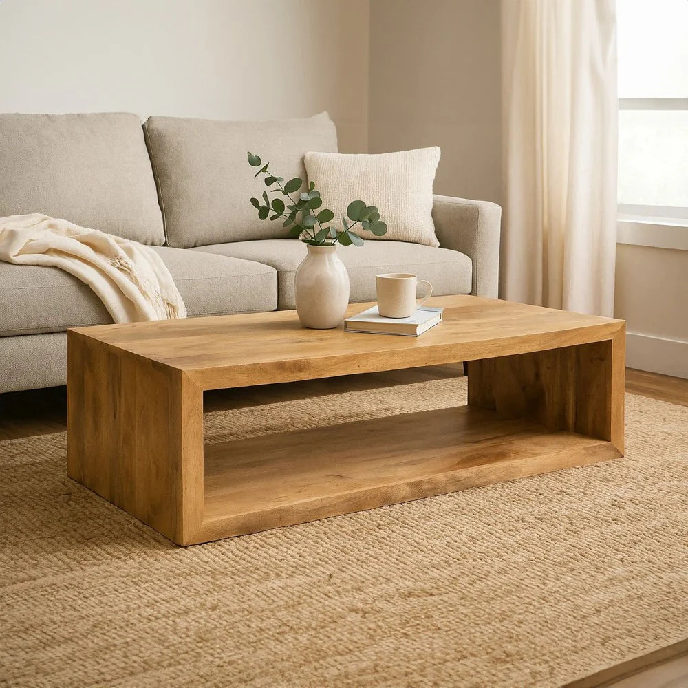 Benzara Keli Coffee Table with a modern design featuring a wooden top and metal legs, ideal for living room decor.