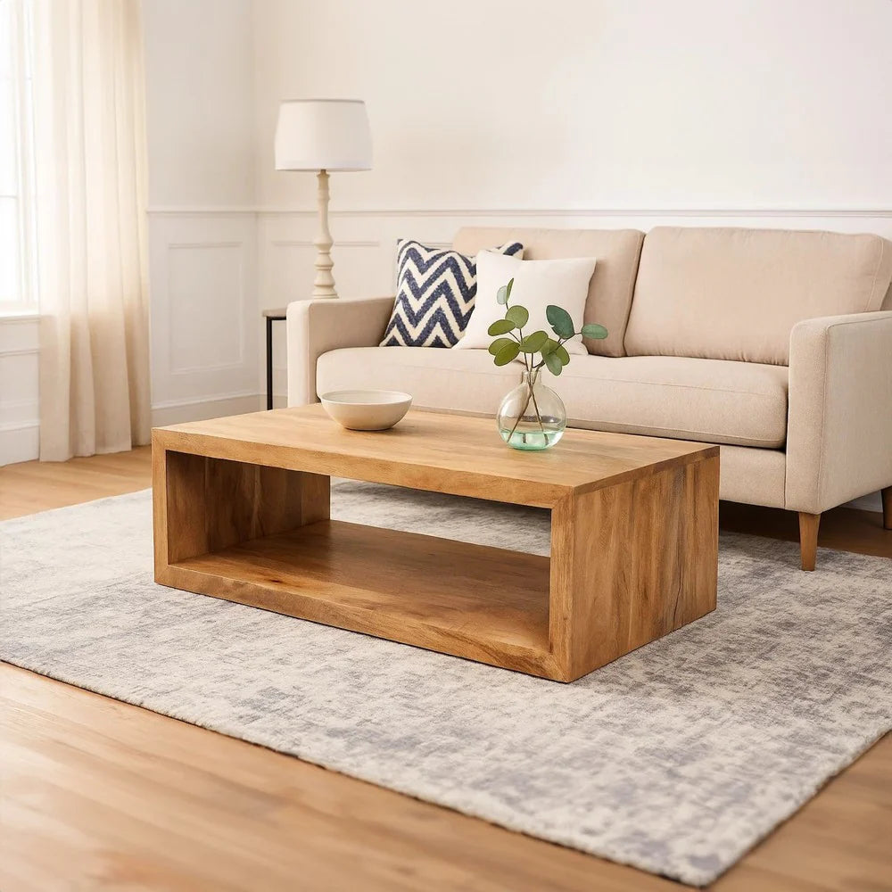 Benzara Keli coffee table with a modern design, featuring a wooden surface and sturdy metal legs.