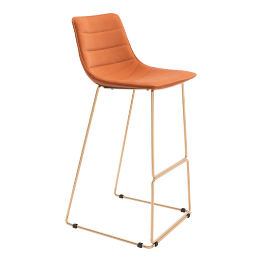 Set of 2 Zuo Adele Barstools in vibrant orange with gold accents, showcasing a modern design and sleek silhouette.