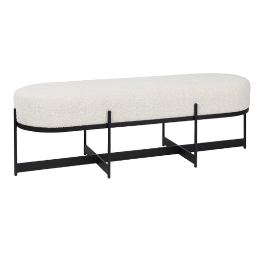 Amelia cream boucle upholstered bench by Mercana, featuring a soft textured fabric and elegant design for versatile seating.