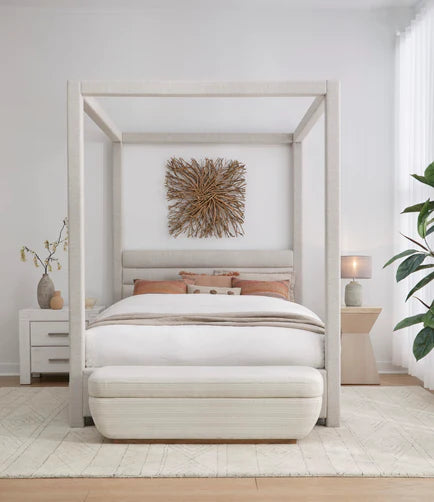 Rockford Upholstered Canopy Bed in Turtle Dove Linen - Elite Maison