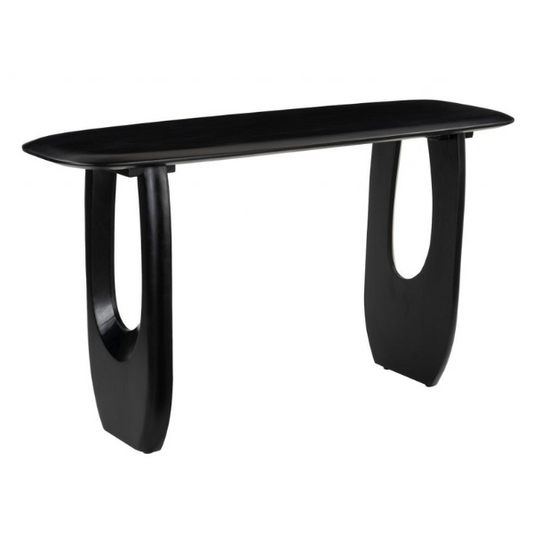 Black Zuo Arasan console table with sleek design and modern legs, set against a neutral backdrop.