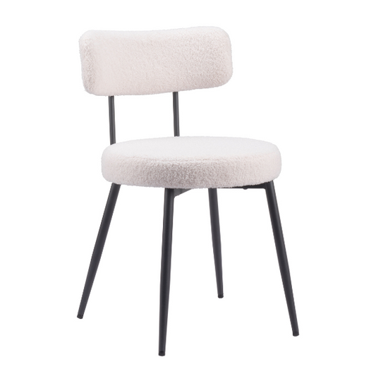 Pair of Zuo Blanca Dining Chairs with ivory polyester cushions and black steel frames, showcasing modern seating design.